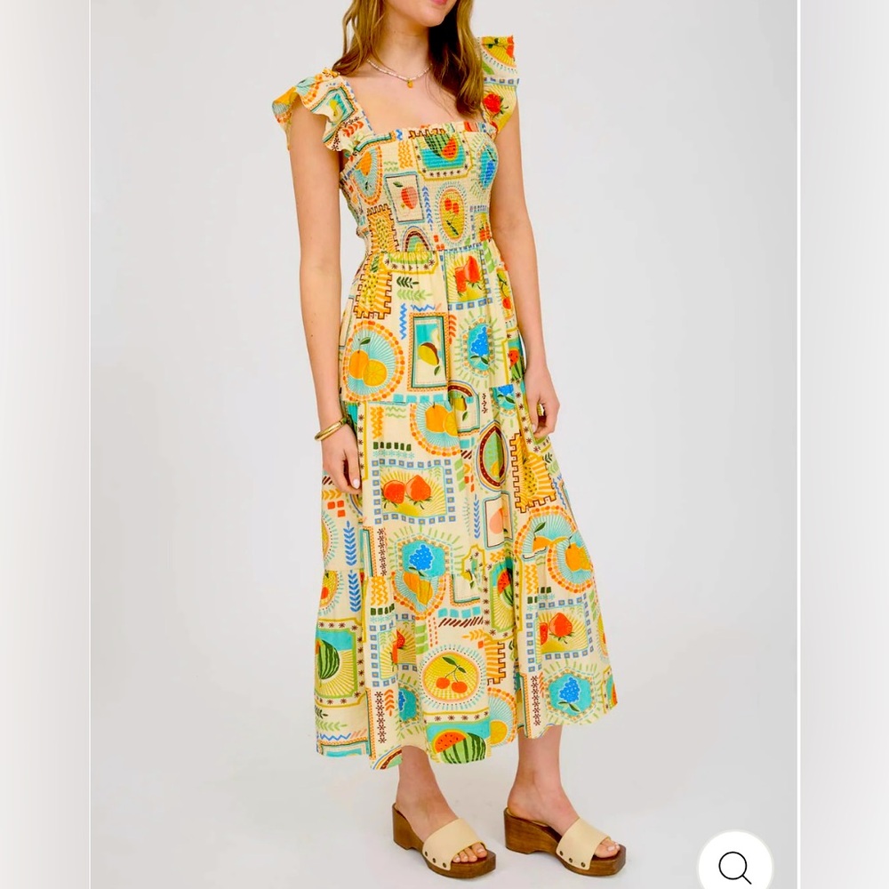 Fruit print smocked midi dress